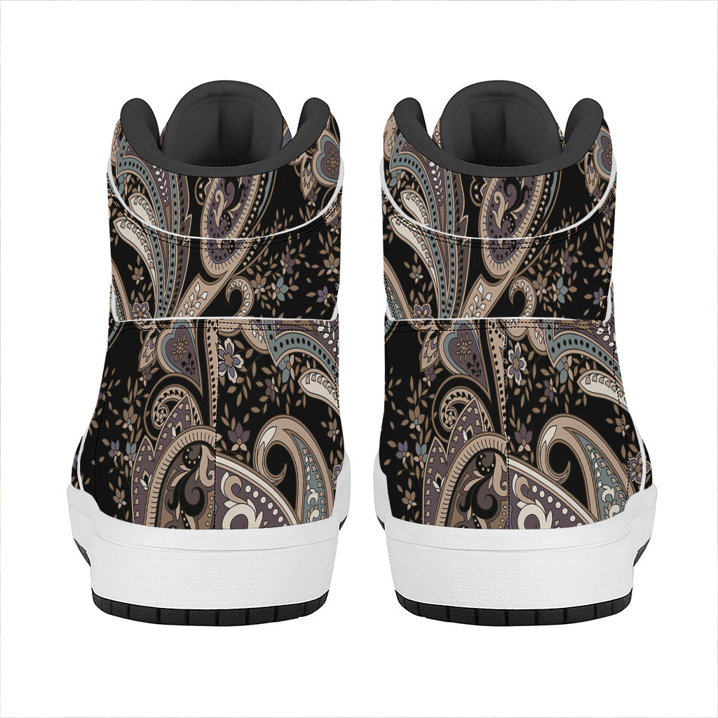 Dark Brown Paisley Pattern Print High Top Leather Sneakers