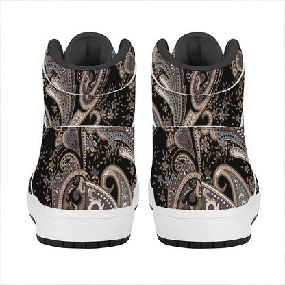 Dark Brown Paisley Pattern Print High Top Leather Sneakers