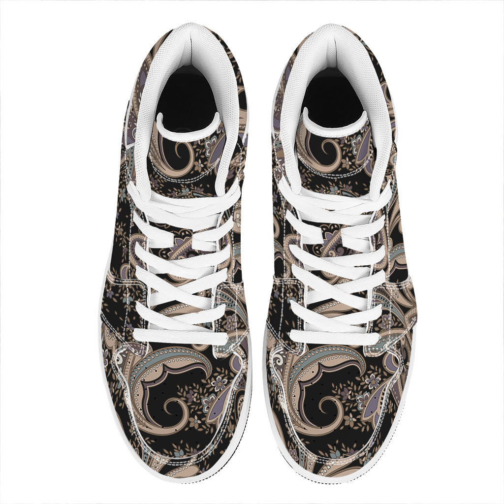 Dark Brown Paisley Pattern Print High Top Leather Sneakers