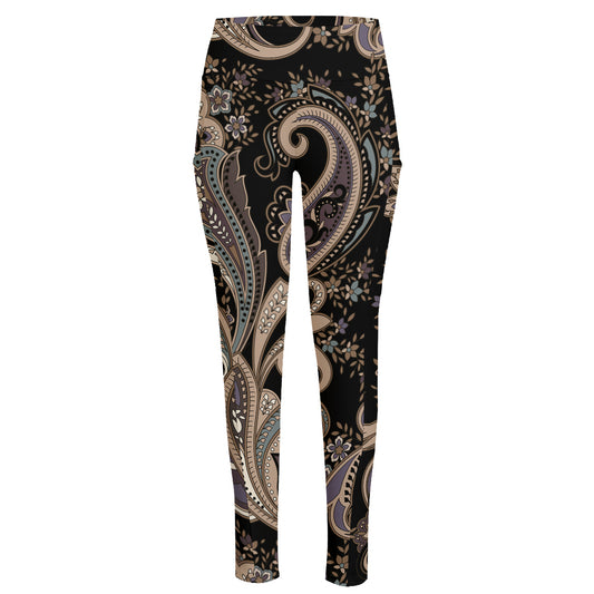 Dark Brown Paisley Pattern Print High-Waisted Pocket Leggings