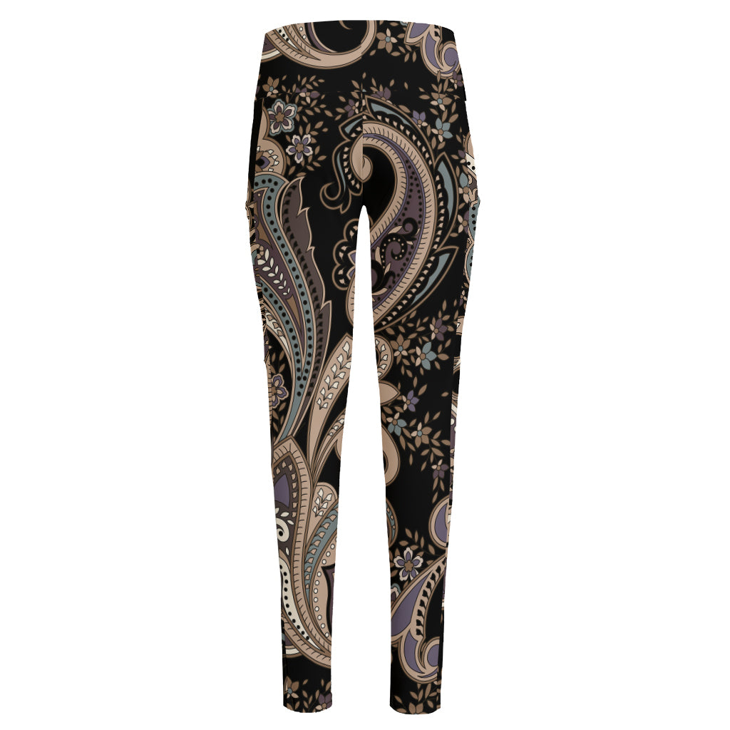 Dark Brown Paisley Pattern Print High-Waisted Pocket Leggings