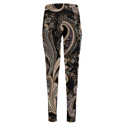 Dark Brown Paisley Pattern Print High-Waisted Pocket Leggings