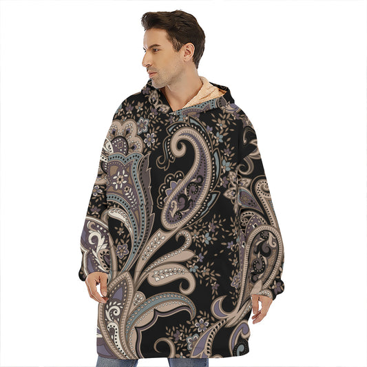 Dark Brown Paisley Pattern Print Hoodie Blanket