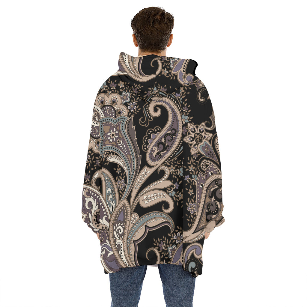 Dark Brown Paisley Pattern Print Hoodie Blanket