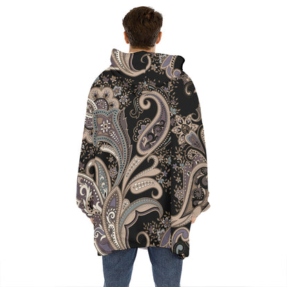 Dark Brown Paisley Pattern Print Hoodie Blanket