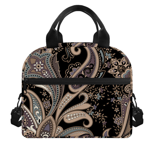 Dark Brown Paisley Pattern Print Insulated Lunch Bag