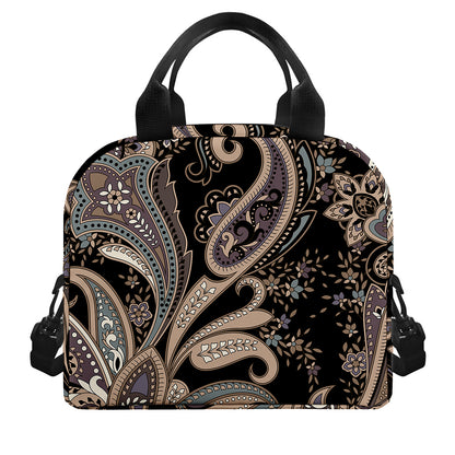 Dark Brown Paisley Pattern Print Insulated Lunch Bag