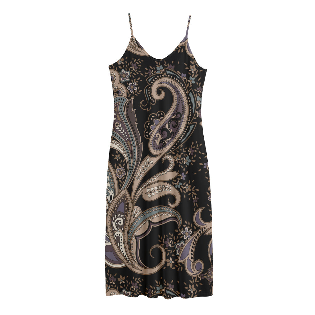 Dark Brown Paisley Pattern Print Jersey Midi Cami Dress