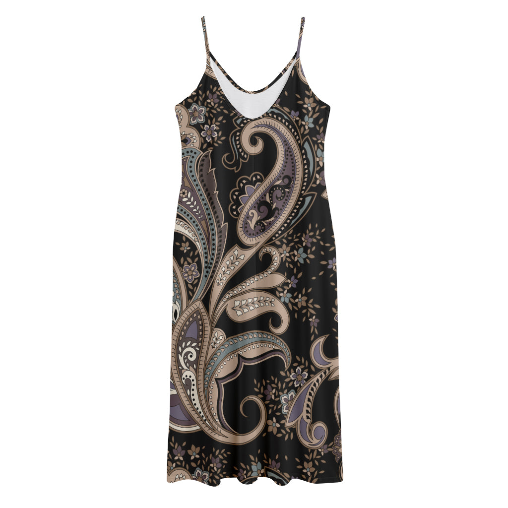 Dark Brown Paisley Pattern Print Jersey Midi Cami Dress