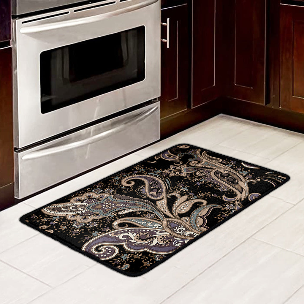 Dark Brown Paisley Pattern Print Kitchen Mat