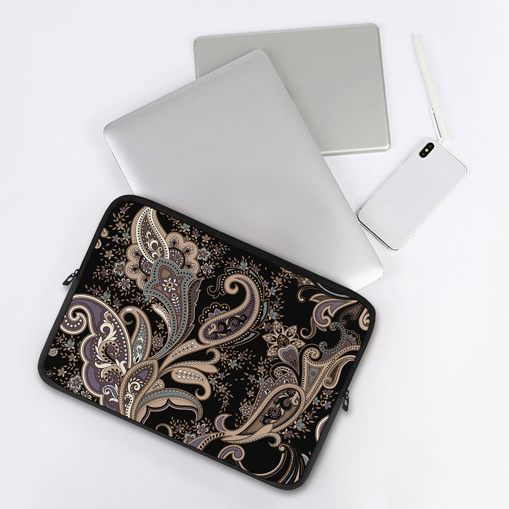 Dark Brown Paisley Pattern Print Laptop Sleeve