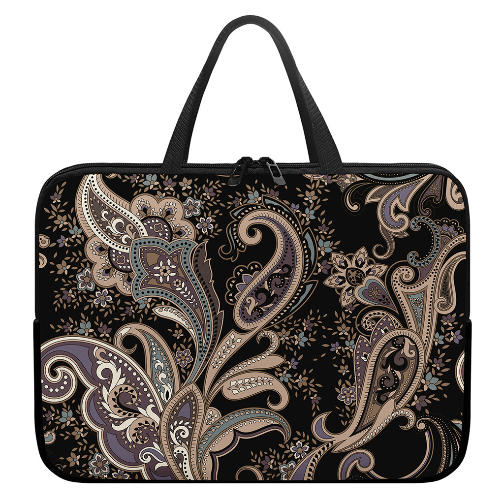 Dark Brown Paisley Pattern Print Laptop Sleeve With Handle