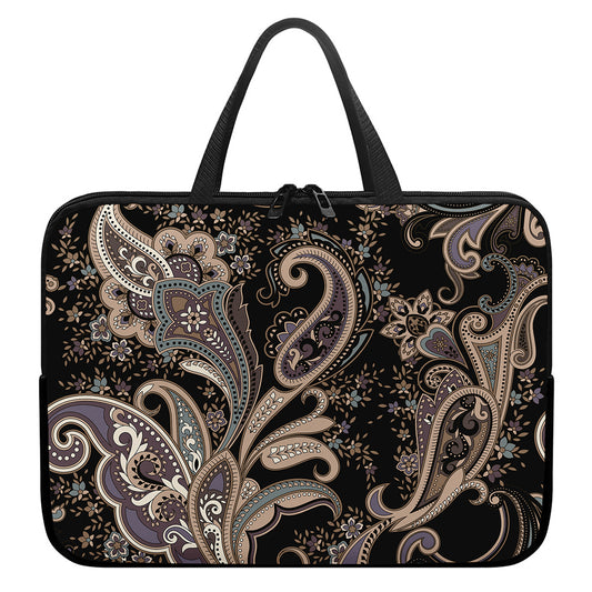 Dark Brown Paisley Pattern Print Laptop Sleeve With Handle