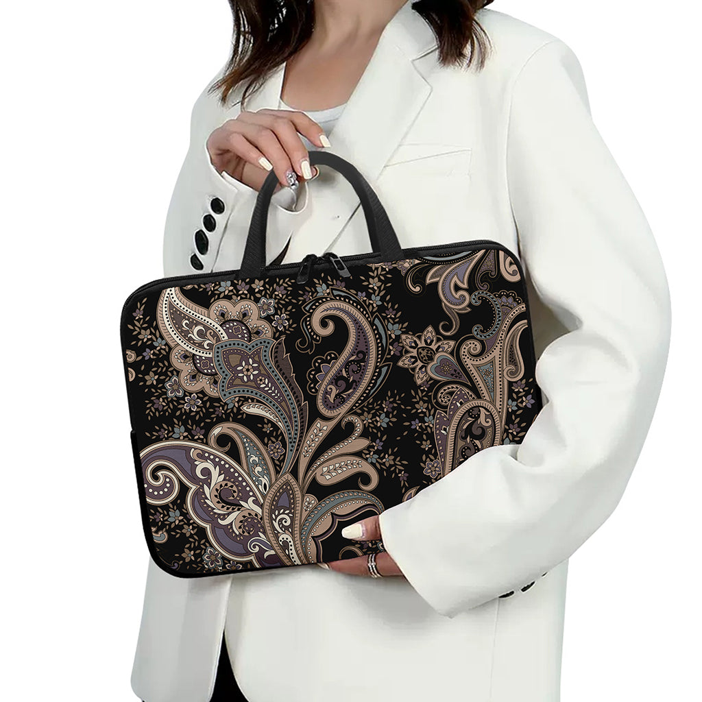 Dark Brown Paisley Pattern Print Laptop Sleeve With Handle