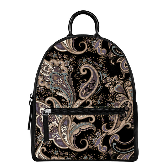 Dark Brown Paisley Pattern Print Leather Backpack