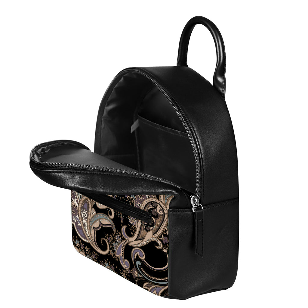 Dark Brown Paisley Pattern Print Leather Backpack