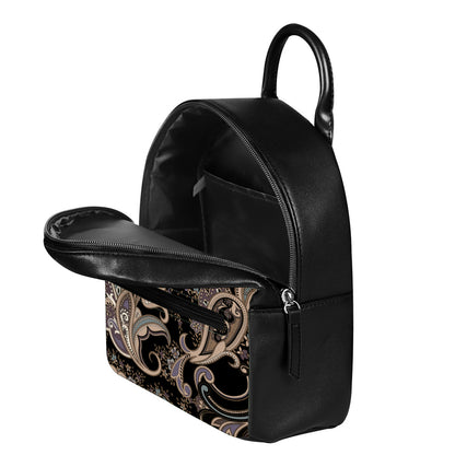 Dark Brown Paisley Pattern Print Leather Backpack