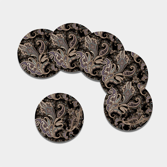 Dark Brown Paisley Pattern Print Leather Coaster Set