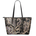 Dark Brown Paisley Pattern Print Leather Tote Bag With Zipper