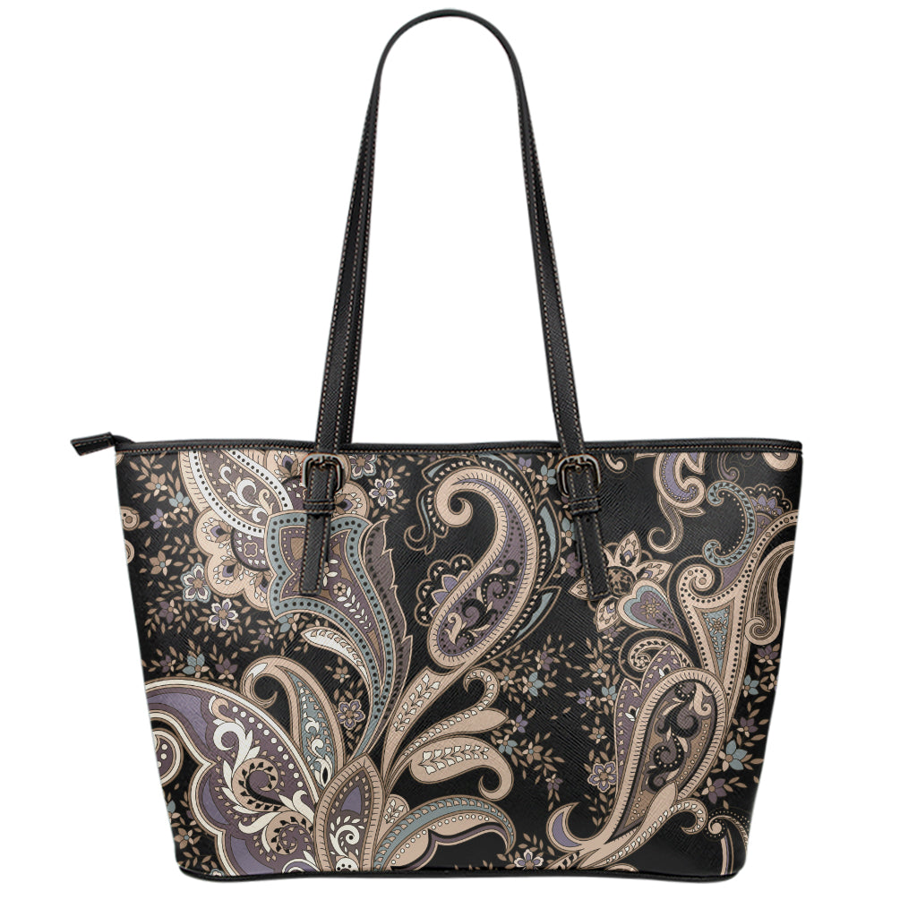 Dark Brown Paisley Pattern Print Leather Tote Bag