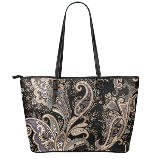 Dark Brown Paisley Pattern Print Leather Tote Bag