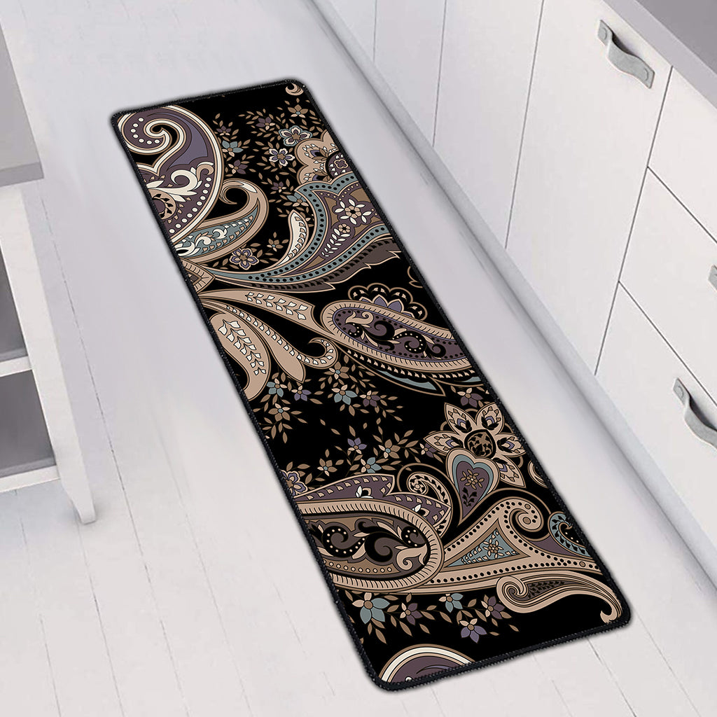 Dark Brown Paisley Pattern Print Long Kitchen Mat