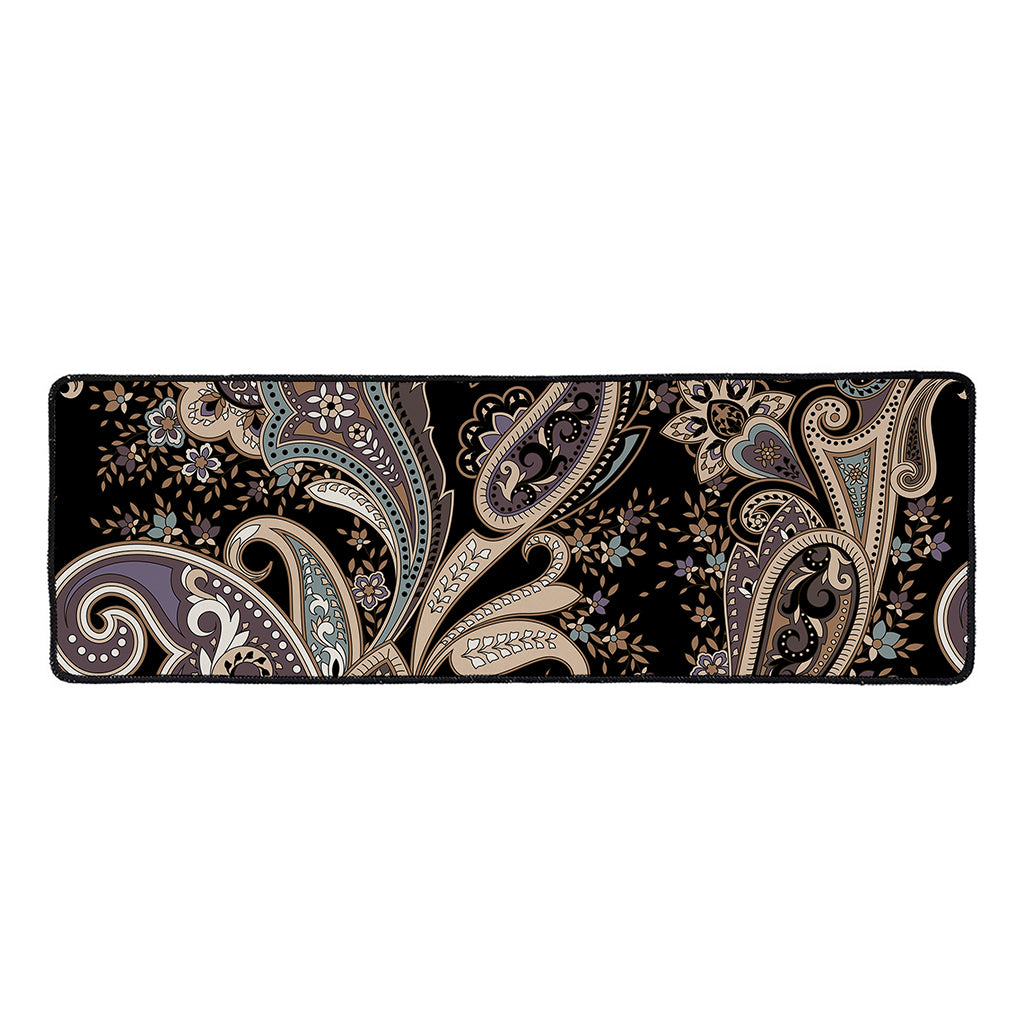 Dark Brown Paisley Pattern Print Long Kitchen Mat