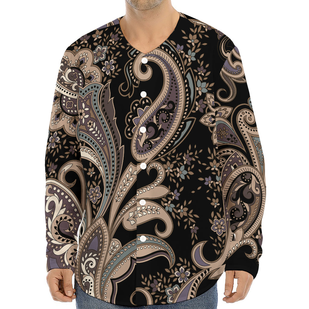 Dark Brown Paisley Pattern Print Long Sleeve Baseball Jersey