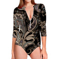 Dark Brown Paisley Pattern Print Long Sleeve Swimsuit