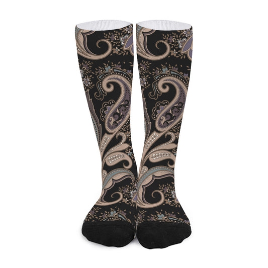 Dark Brown Paisley Pattern Print Long Socks