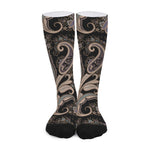Dark Brown Paisley Pattern Print Long Socks
