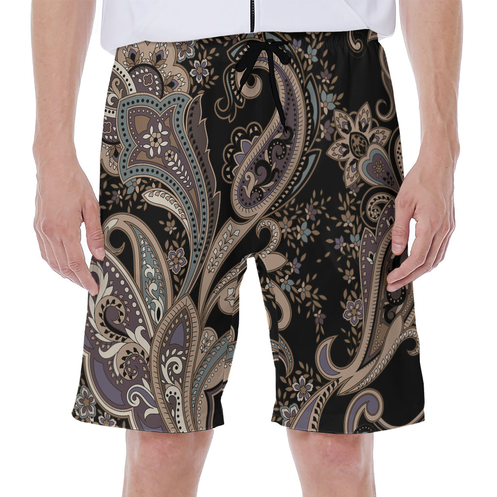 Dark Brown Paisley Pattern Print Men's Beach Shorts
