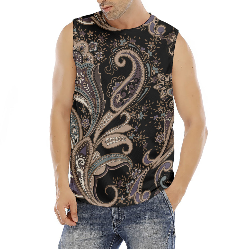 Dark Brown Paisley Pattern Print Men's Fitness Tank Top