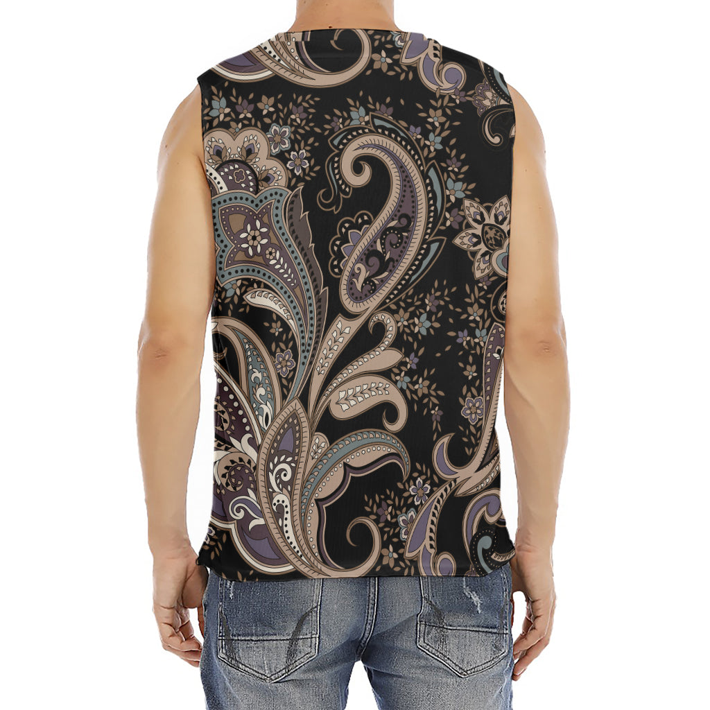 Dark Brown Paisley Pattern Print Men's Fitness Tank Top