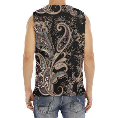 Dark Brown Paisley Pattern Print Men's Fitness Tank Top