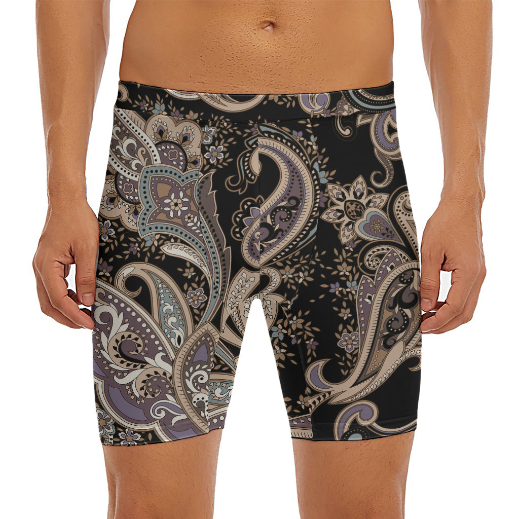 Dark Brown Paisley Pattern Print Men's Long Boxer Briefs