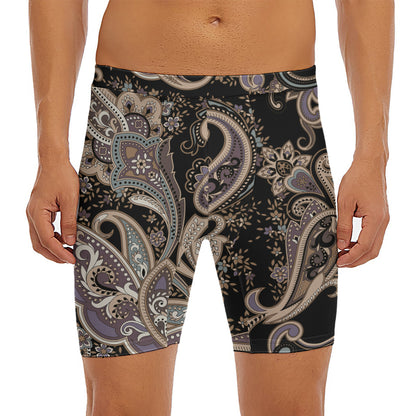 Dark Brown Paisley Pattern Print Men's Long Boxer Briefs