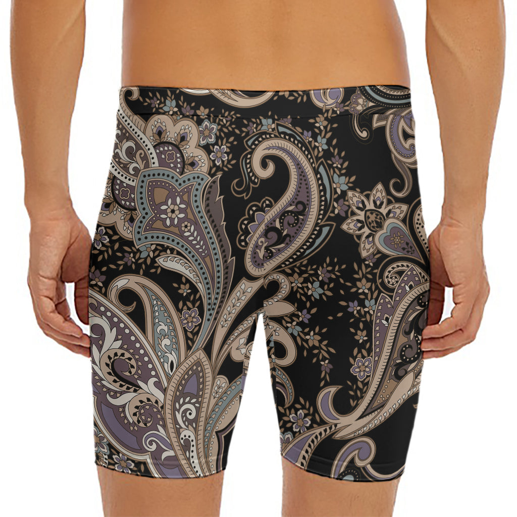 Dark Brown Paisley Pattern Print Men's Long Boxer Briefs