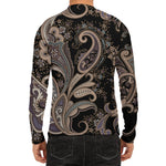 Dark Brown Paisley Pattern Print Men's Long Sleeve Rash Guard