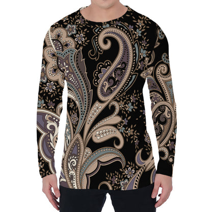 Dark Brown Paisley Pattern Print Men's Long Sleeve T-Shirt