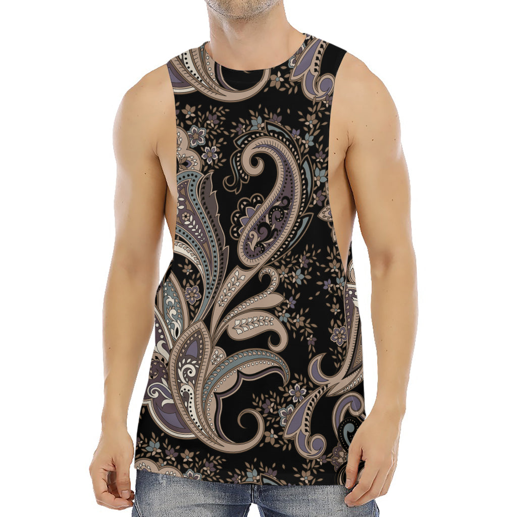 Dark Brown Paisley Pattern Print Men's Muscle Tank Top