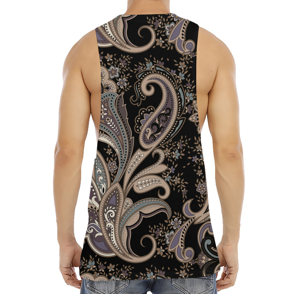 Dark Brown Paisley Pattern Print Men's Muscle Tank Top
