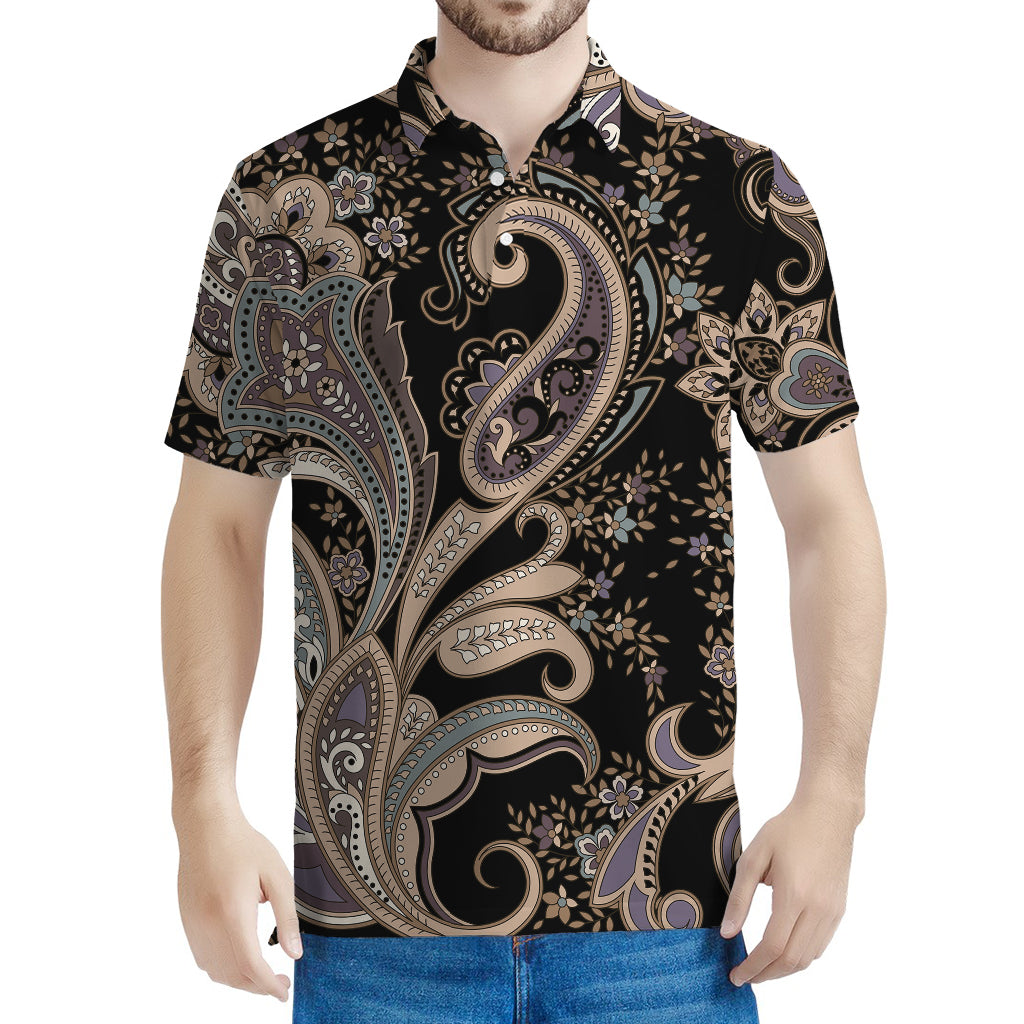 Dark Brown Paisley Pattern Print Men's Polo Shirt