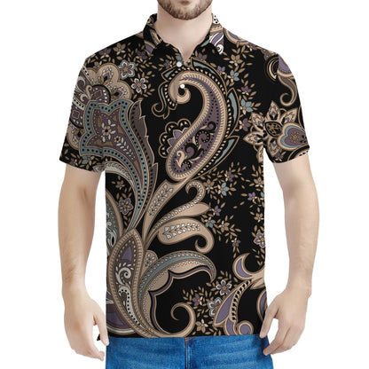 Dark Brown Paisley Pattern Print Men's Polo Shirt