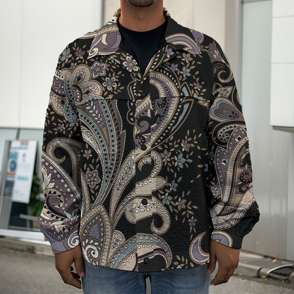 Dark Brown Paisley Pattern Print Men's Shirt Jacket