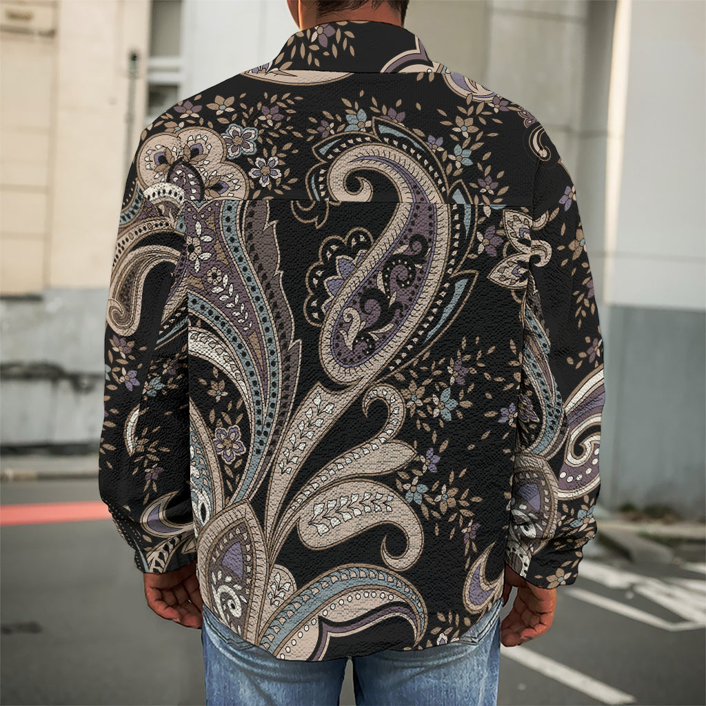 Dark Brown Paisley Pattern Print Men's Shirt Jacket