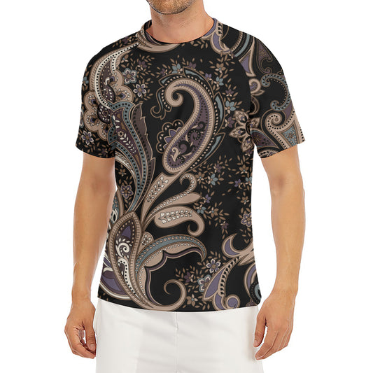 Dark Brown Paisley Pattern Print Men's Short Sleeve Rash Guard