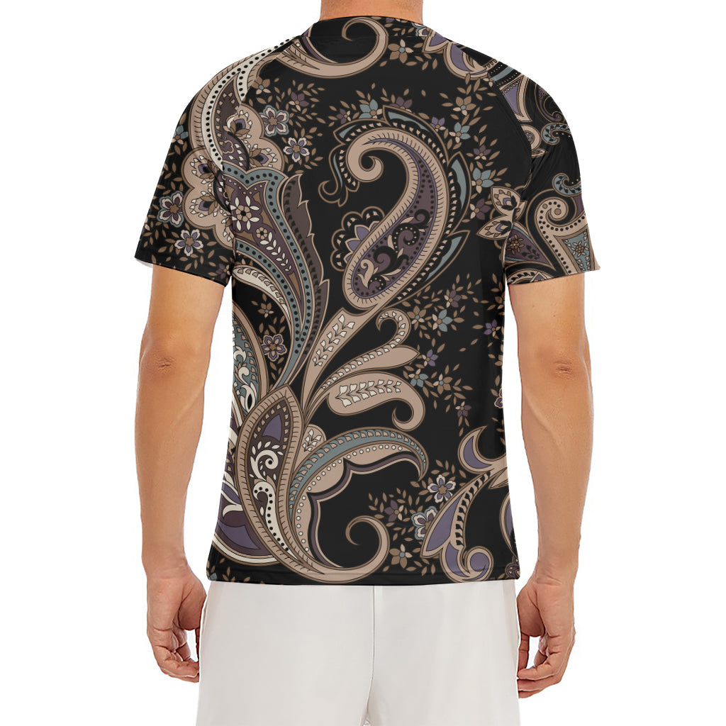 Dark Brown Paisley Pattern Print Men's Short Sleeve Rash Guard