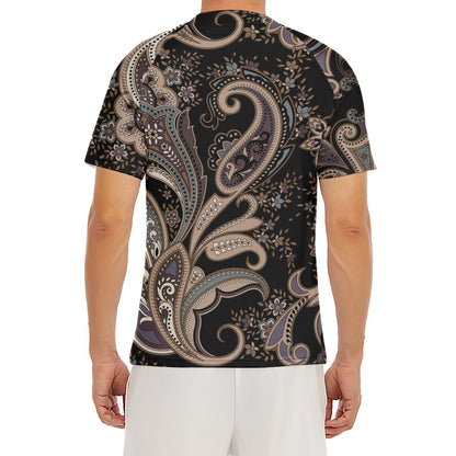 Dark Brown Paisley Pattern Print Men's Short Sleeve Rash Guard