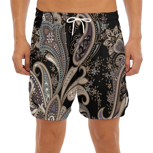 Dark Brown Paisley Pattern Print Men's Split Running Shorts
